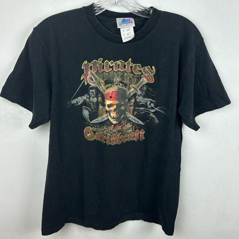 Disney Black Pirates of the Caribbean Graphic Tee with Red and Gold Accents